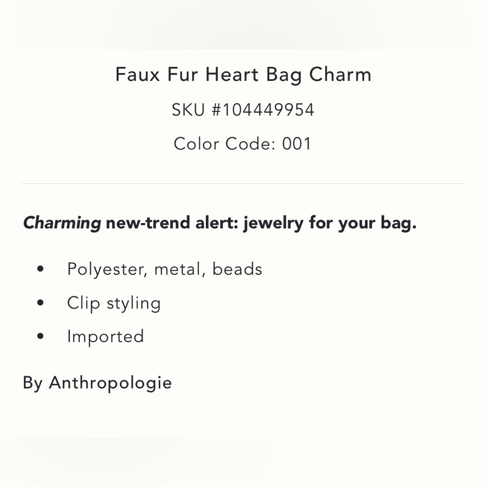 NWT Anthropologie Faux Fur Heart Bag Charm - Picture 3 of 4